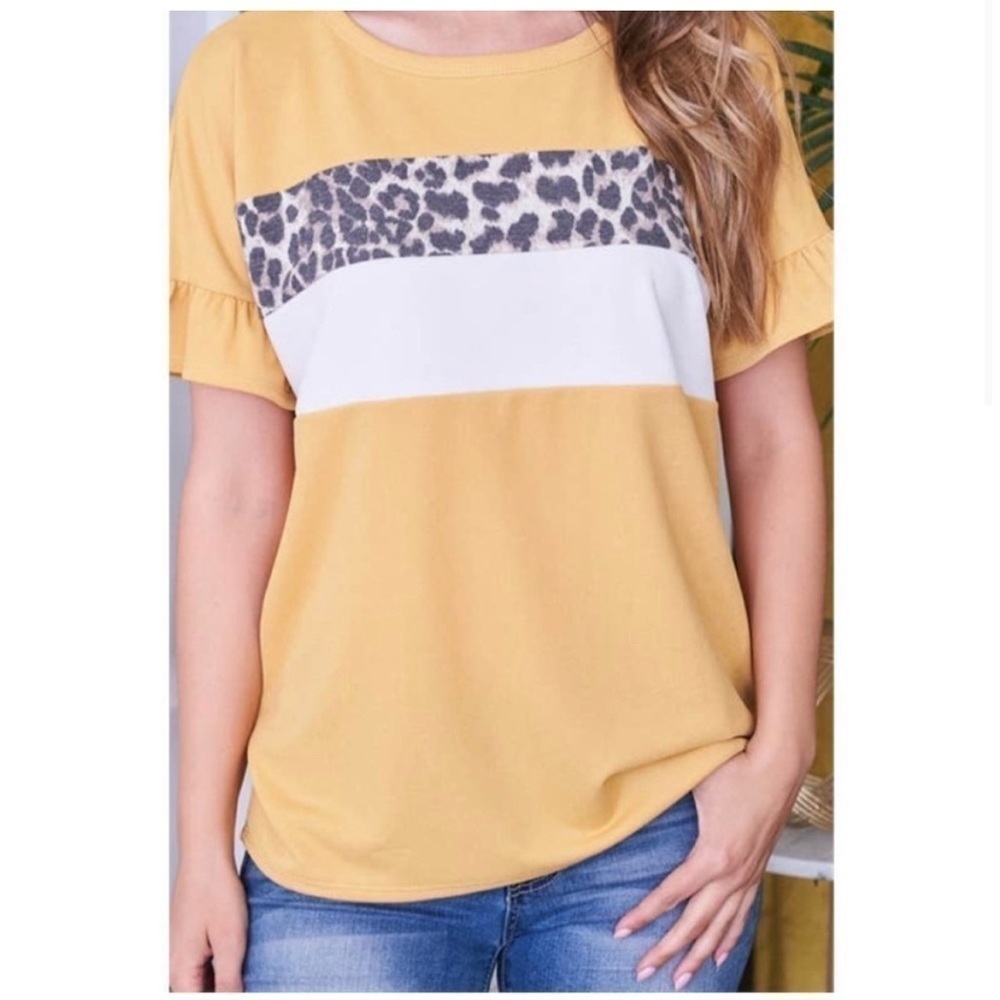 MUSTARD Leopard Animal Print
Color Block Ruffle Sleeve Top - Picture 2 of 6